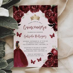 Burgundy Floral Watercolor Princess Quinceañera