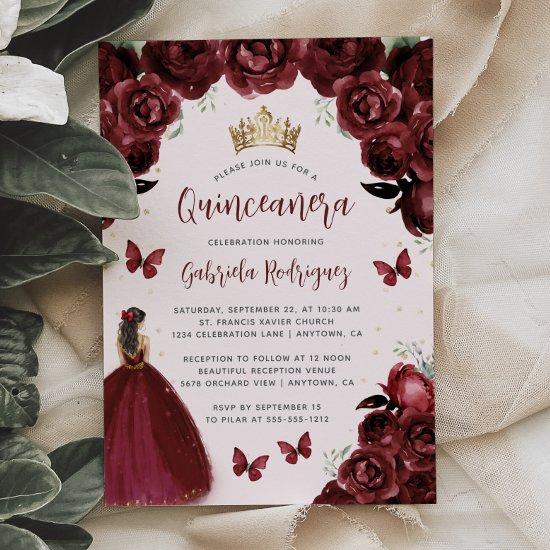 Burgundy Floral Watercolor Princess Quinceañera