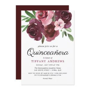 Burgundy Floral Watercolor Quinceañera Invite