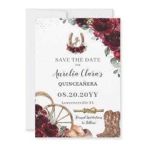 Burgundy Floral Wild West Charro Quinceañera  Save The Date