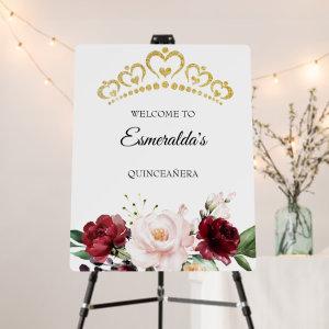 Burgundy flower quinceañera welcome sign