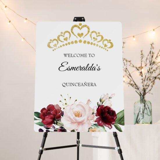 Burgundy flower quinceañera welcome sign