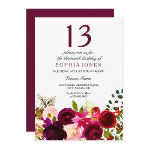 Burgundy Flowers 13th Birthday Party Invite
