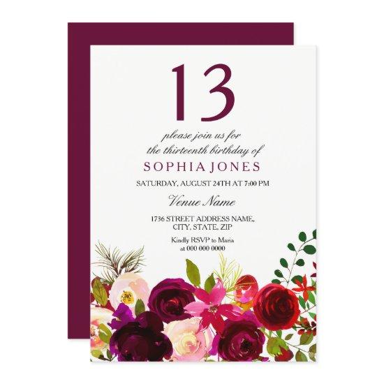 Burgundy Flowers 13th Birthday Party Invite