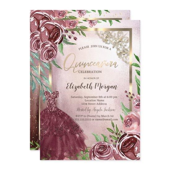 Burgundy Flowers Dress Gold Frame Quinceanera