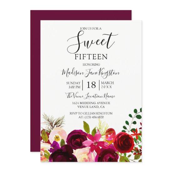 Burgundy Flowers Floral Boho Sweet 15