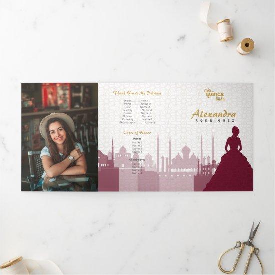 Burgundy & Gold Arabian Quinceañera Photo Tri-Fold