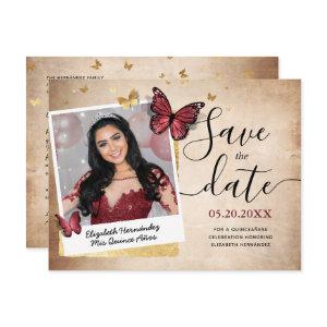 Burgundy Gold Butterfly Quince Photo Save the Date Announcement Postcard
