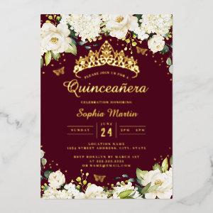 Burgundy Gold Champagne Floral Quinceanera  Foil