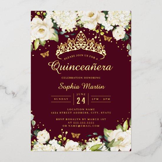 Burgundy Gold Champagne Floral Quinceanera  Foil