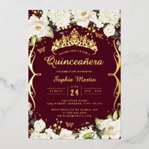 Burgundy Gold Champagne Floral Scroll Quinceanera  Foil