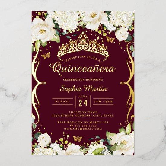 Burgundy Gold Champagne Floral Scroll Quinceanera  Foil