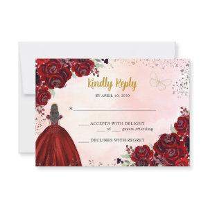 Burgundy Gold Copper Floral Princess Quinceañera RSVP Card