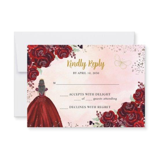 Burgundy Gold Copper Floral Princess Quinceañera RSVP Card