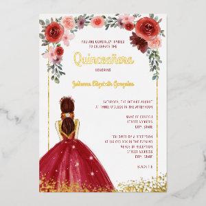 Burgundy Gold Floral Ball Gown 15th Quinceanera Foil