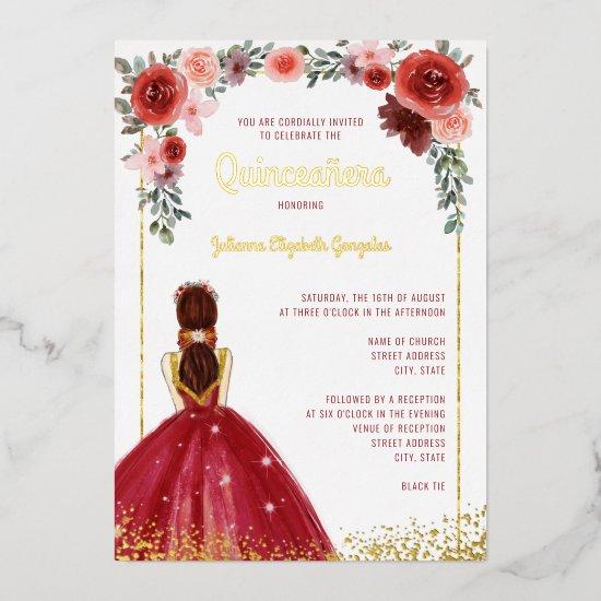 Burgundy Gold Floral Ball Gown 15th Quinceanera Foil