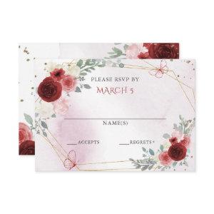 Burgundy Gold Floral Butterflies Quinceanera  RSVP Card