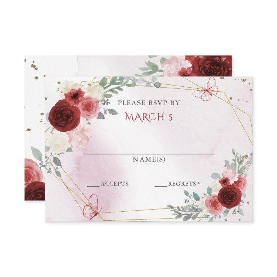 Burgundy Gold Floral Butterflies Quinceanera  RSVP Card