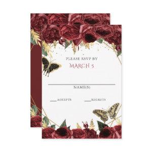 Burgundy Gold Floral Butterflies Quinceanera  RSVP Card