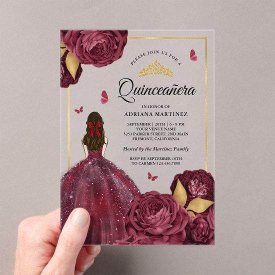 Burgundy Gold Floral Dress Butterfly Quinceanera Acrylic