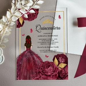 Burgundy Gold Floral Dress Butterfly Quinceanera Acrylic