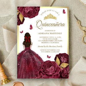 Burgundy Gold Floral Dress Butterfly Quinceanera