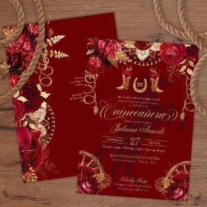 Burgundy & Gold Floral Elegant Charro Quinceanera