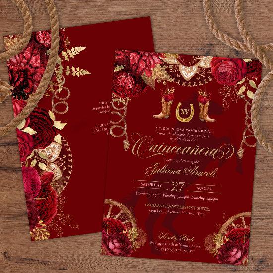 Burgundy & Gold Floral Elegant Charro Quinceanera