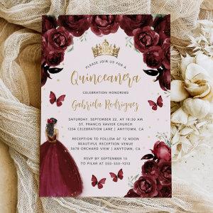 Burgundy Gold Floral Princess Quinceañera
