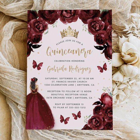 Burgundy Gold Floral Princess Quinceañera