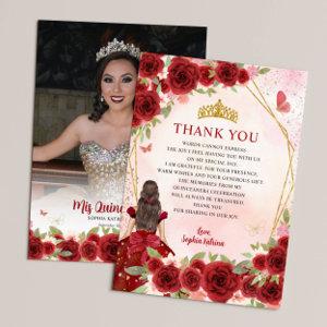Burgundy Gold Floral Princess Quinceañera Photo Thank You Card