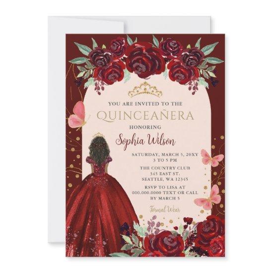 Burgundy Gold Floral Princess Quinceañera Quince