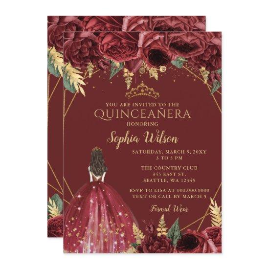 Burgundy Gold Floral Princess Quinceañera Quince