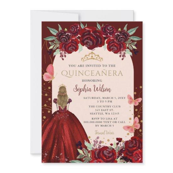 Burgundy Gold Floral Princess Quinceañera Quince