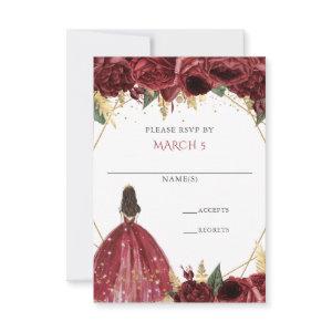 Burgundy Gold Floral Princess Quinceanera RSVP Card