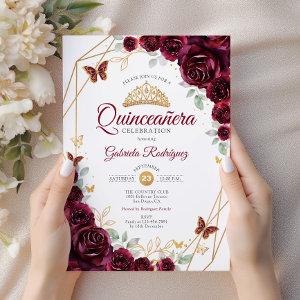 Burgundy Gold Floral Quinceanera