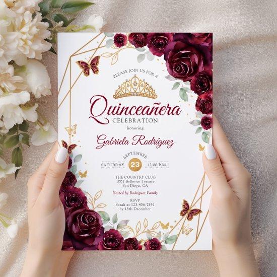Burgundy Gold Floral Quinceanera