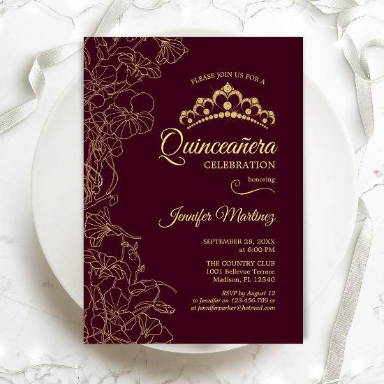 Burgundy Gold Floral Quinceanera Party