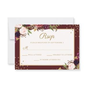 Burgundy Gold floral Sparkle RSVP Card