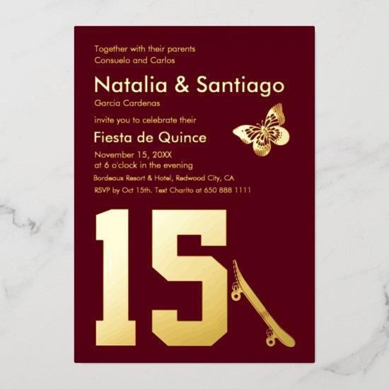 Burgundy Gold Foil Twins 15 Birthday