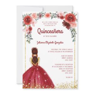 Burgundy Gold Glitter Floral Princess Quinceanera