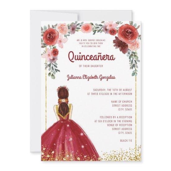 Burgundy Gold Glitter Floral Princess Quinceanera