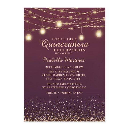 Burgundy Gold Glitter String Lights Quinceañera