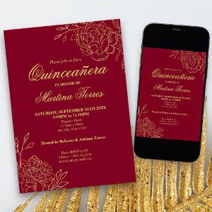Burgundy Gold Outline Flowers Floral Quinceanera