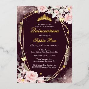 Burgundy Gold Pink Butterfly Floral Quinceanera Foil