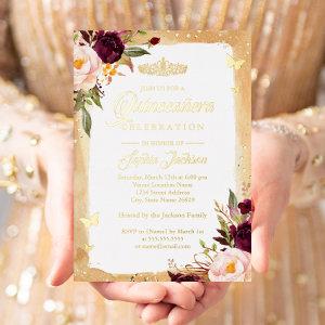 Burgundy Gold Quinceanera Floral Sparkle Tiara Foil
