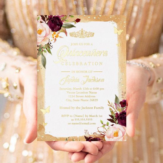 Burgundy Gold Quinceanera Floral Sparkle Tiara Foil