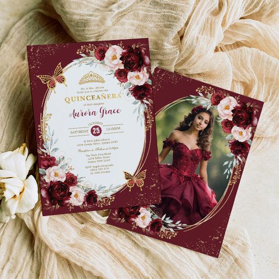 Burgundy Gold Quinceañera Flowers Butterfly Photo
