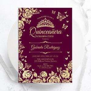 Burgundy Gold Roses Butterflies Quinceanera