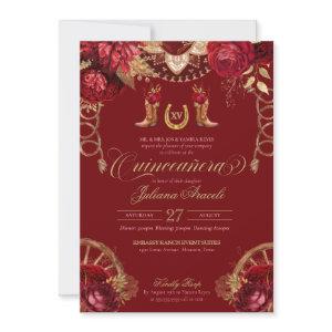 Burgundy Gold Roses Elegant Charro Quinceanera Inv